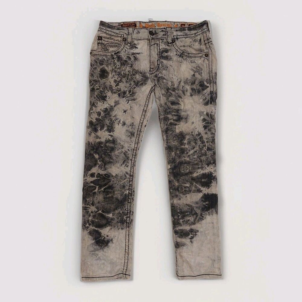 Rock Revival Sz 36 Adler Slim Straight Distressed Tie Dye White And Black Jeans
